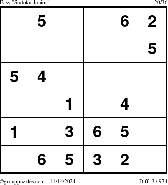 The grouppuzzles.com Easy Sudoku-Junior puzzle for Thursday November 14, 2024