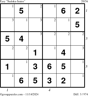 The grouppuzzles.com Easy Sudoku-Junior puzzle for Thursday November 14, 2024, suitable for printing, with all 3 steps marked