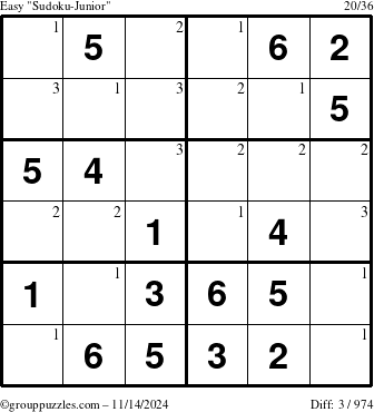 The grouppuzzles.com Easy Sudoku-Junior puzzle for Thursday November 14, 2024 with the first 3 steps marked