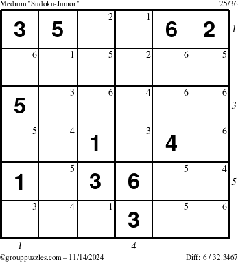 The grouppuzzles.com Medium Sudoku-Junior puzzle for Thursday November 14, 2024 with all 6 steps marked