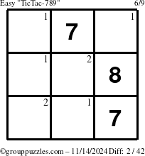 The grouppuzzles.com Easy TicTac-789 puzzle for Thursday November 14, 2024 with the first 2 steps marked