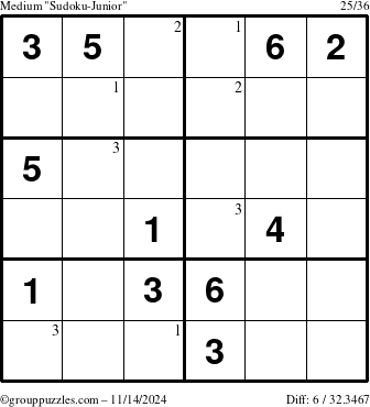 The grouppuzzles.com Medium Sudoku-Junior puzzle for Thursday November 14, 2024 with the first 3 steps marked