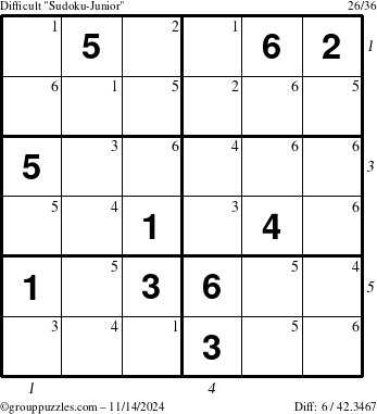 The grouppuzzles.com Difficult Sudoku-Junior puzzle for Thursday November 14, 2024 with all 6 steps marked