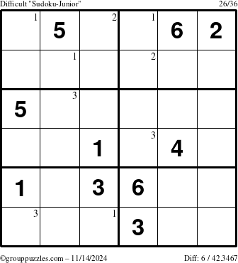 The grouppuzzles.com Difficult Sudoku-Junior puzzle for Thursday November 14, 2024 with the first 3 steps marked