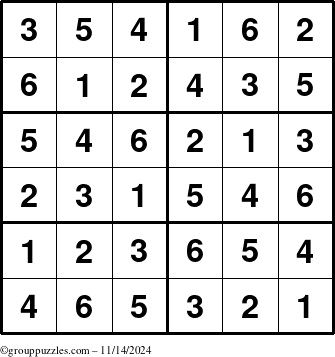 The grouppuzzles.com Answer grid for the Sudoku-Junior puzzle for Thursday November 14, 2024