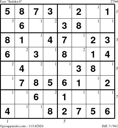 The grouppuzzles.com Easy Sudoku-8 puzzle for Thursday November 14, 2024 with all 3 steps marked