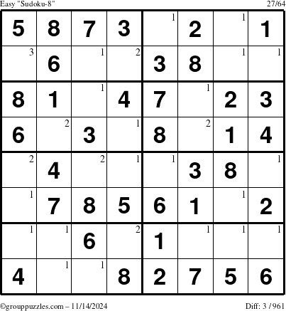 The grouppuzzles.com Easy Sudoku-8 puzzle for Thursday November 14, 2024 with the first 3 steps marked