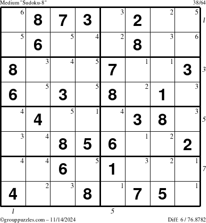 The grouppuzzles.com Medium Sudoku-8 puzzle for Thursday November 14, 2024 with all 6 steps marked