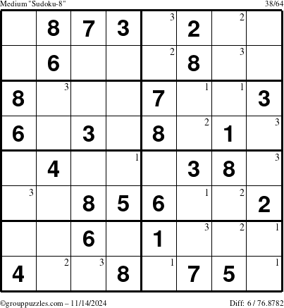 The grouppuzzles.com Medium Sudoku-8 puzzle for Thursday November 14, 2024 with the first 3 steps marked