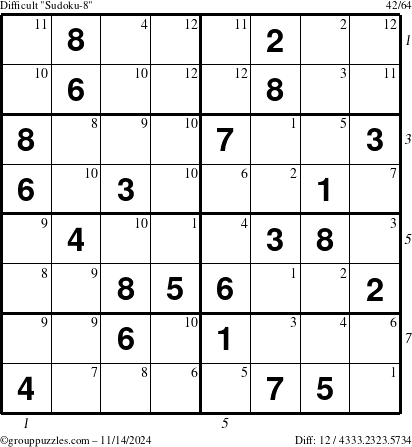 The grouppuzzles.com Difficult Sudoku-8 puzzle for Thursday November 14, 2024 with all 12 steps marked