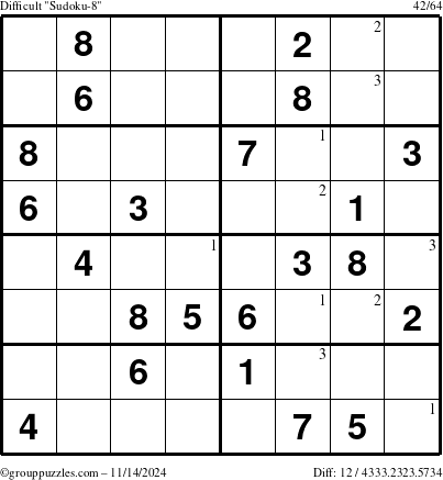 The grouppuzzles.com Difficult Sudoku-8 puzzle for Thursday November 14, 2024 with the first 3 steps marked