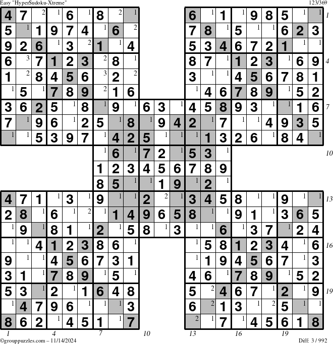 The grouppuzzles.com Easy cover-HyperXtreme puzzle for Thursday November 14, 2024 with all 3 steps marked