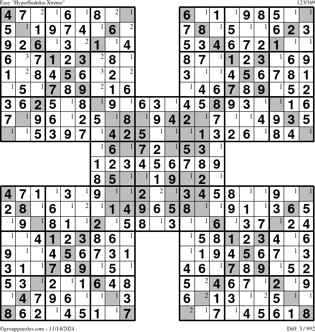 The grouppuzzles.com Easy cover-HyperXtreme puzzle for Thursday November 14, 2024 with the first 3 steps marked