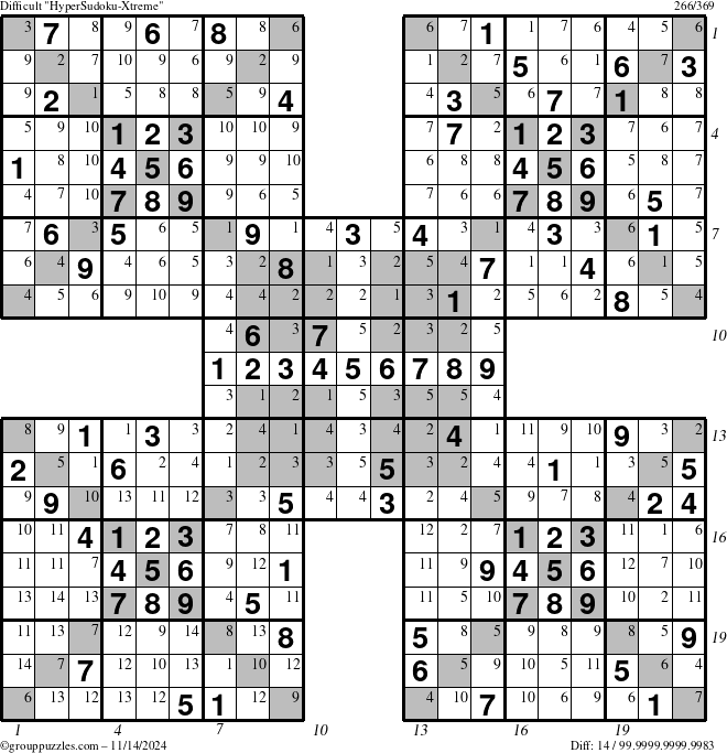 The grouppuzzles.com Difficult cover-HyperXtreme puzzle for Thursday November 14, 2024, suitable for printing, with all 14 steps marked