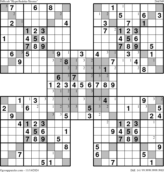 The grouppuzzles.com Difficult cover-HyperXtreme puzzle for Thursday November 14, 2024 with the first 3 steps marked