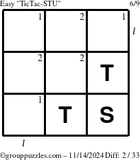 The grouppuzzles.com Easy TicTac-STU puzzle for Thursday November 14, 2024, suitable for printing, with all 2 steps marked