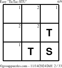 The grouppuzzles.com Easy TicTac-STU puzzle for Thursday November 14, 2024 with the first 2 steps marked