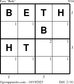 The grouppuzzles.com Easy Beth puzzle for Sunday October 19, 2025 with all 2 steps marked