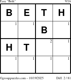 The grouppuzzles.com Easy Beth puzzle for Sunday October 19, 2025 with the first 2 steps marked