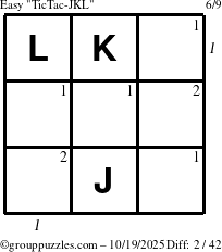 The grouppuzzles.com Easy TicTac-JKL puzzle for Sunday October 19, 2025 with all 2 steps marked
