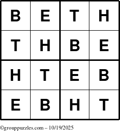 The grouppuzzles.com Answer grid for the Beth puzzle for Sunday October 19, 2025