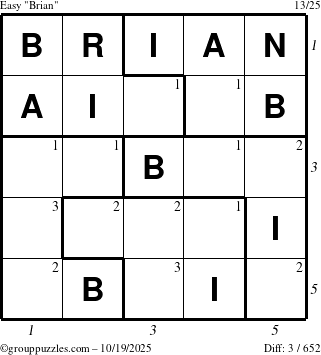 The grouppuzzles.com Easy Brian puzzle for Sunday October 19, 2025 with all 3 steps marked