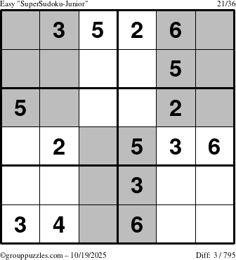 The grouppuzzles.com Easy SuperSudoku-Junior puzzle for Sunday October 19, 2025