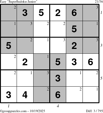 The grouppuzzles.com Easy SuperSudoku-Junior puzzle for Sunday October 19, 2025 with all 3 steps marked