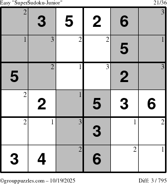 The grouppuzzles.com Easy SuperSudoku-Junior puzzle for Sunday October 19, 2025 with the first 3 steps marked