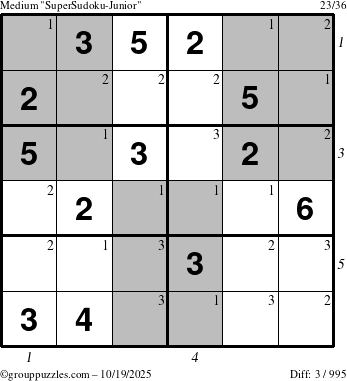 The grouppuzzles.com Medium SuperSudoku-Junior puzzle for Sunday October 19, 2025 with all 3 steps marked