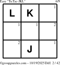 The grouppuzzles.com Easy TicTac-JKL puzzle for Sunday October 19, 2025 with the first 2 steps marked