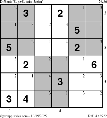 The grouppuzzles.com Difficult SuperSudoku-Junior puzzle for Sunday October 19, 2025 with all 4 steps marked