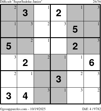 The grouppuzzles.com Difficult SuperSudoku-Junior puzzle for Sunday October 19, 2025 with the first 3 steps marked