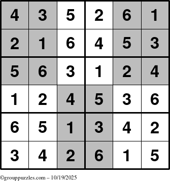 The grouppuzzles.com Answer grid for the SuperSudoku-Junior puzzle for Sunday October 19, 2025