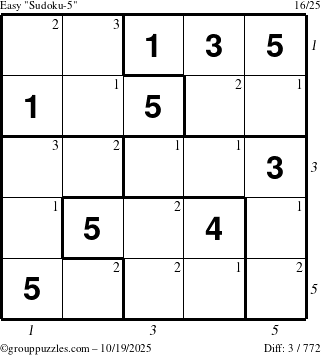 The grouppuzzles.com Easy Sudoku-5 puzzle for Sunday October 19, 2025 with all 3 steps marked