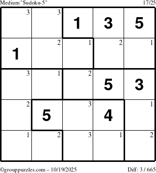 The grouppuzzles.com Medium Sudoku-5 puzzle for Sunday October 19, 2025 with the first 3 steps marked