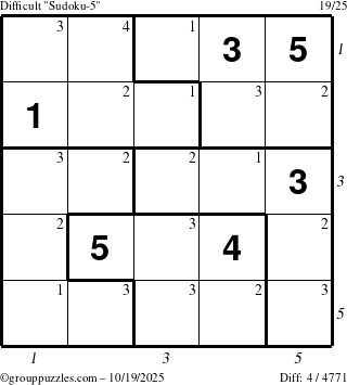 The grouppuzzles.com Difficult Sudoku-5 puzzle for Sunday October 19, 2025 with all 4 steps marked