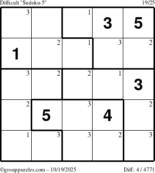 The grouppuzzles.com Difficult Sudoku-5 puzzle for Sunday October 19, 2025 with the first 3 steps marked