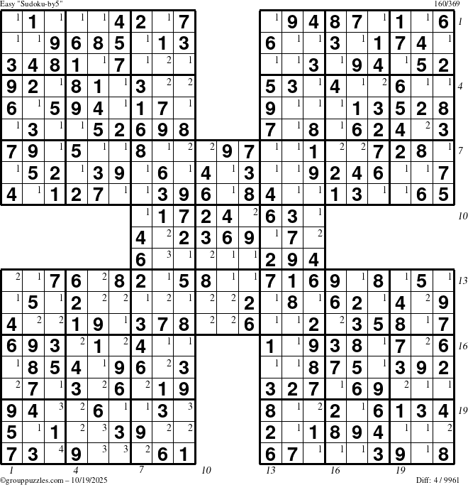 The grouppuzzles.com Easy Sudoku-by5 puzzle for Sunday October 19, 2025 with all 4 steps marked