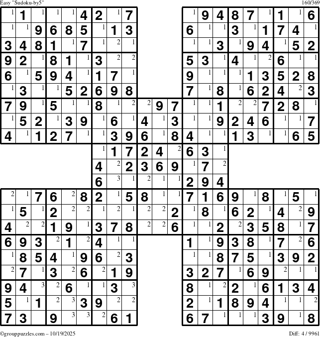 The grouppuzzles.com Easy Sudoku-by5 puzzle for Sunday October 19, 2025 with the first 3 steps marked