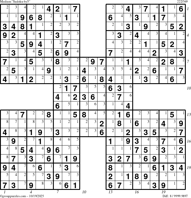 The grouppuzzles.com Medium Sudoku-by5 puzzle for Sunday October 19, 2025 with all 8 steps marked