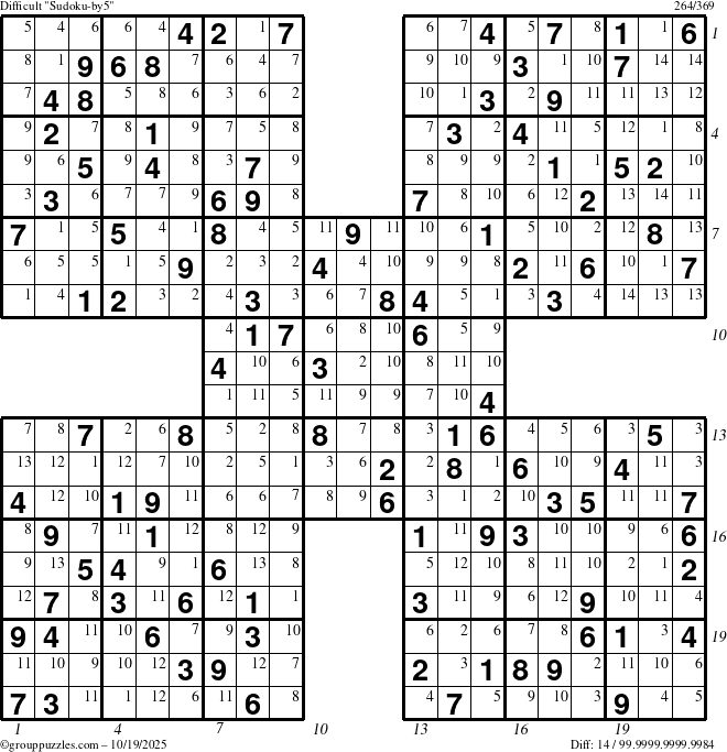 The grouppuzzles.com Difficult Sudoku-by5 puzzle for Sunday October 19, 2025 with all 14 steps marked