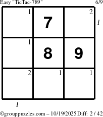 The grouppuzzles.com Easy TicTac-789 puzzle for Sunday October 19, 2025 with all 2 steps marked