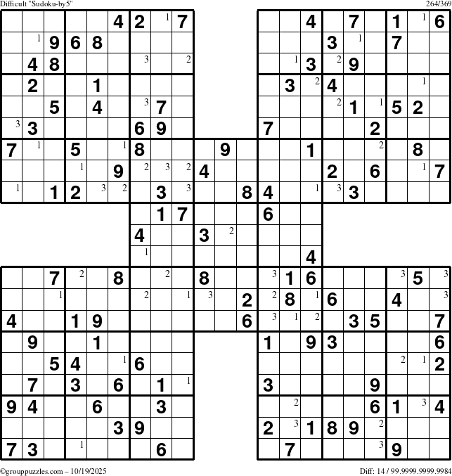 The grouppuzzles.com Difficult Sudoku-by5 puzzle for Sunday October 19, 2025 with the first 3 steps marked