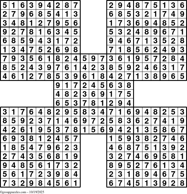 The grouppuzzles.com Answer grid for the Sudoku-by5 puzzle for Sunday October 19, 2025