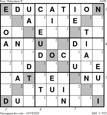 The grouppuzzles.com Easy Education-X puzzle for Sunday October 19, 2025 with all 3 steps marked
