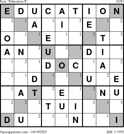 The grouppuzzles.com Easy Education-X puzzle for Sunday October 19, 2025 with the first 3 steps marked