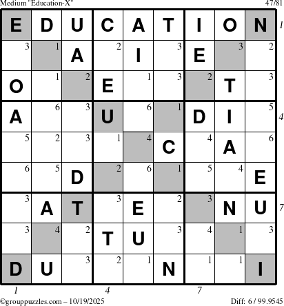 The grouppuzzles.com Medium Education-X puzzle for Sunday October 19, 2025 with all 6 steps marked