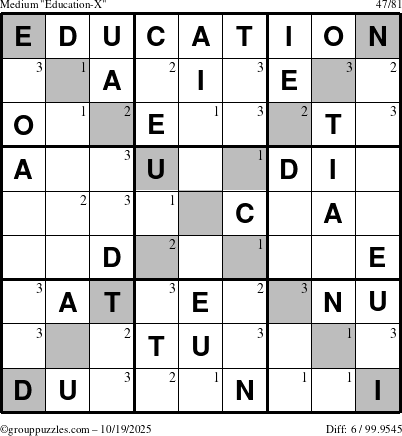 The grouppuzzles.com Medium Education-X puzzle for Sunday October 19, 2025 with the first 3 steps marked