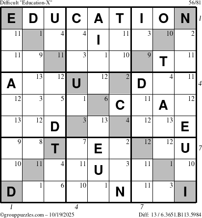 The grouppuzzles.com Difficult Education-X puzzle for Sunday October 19, 2025 with all 13 steps marked